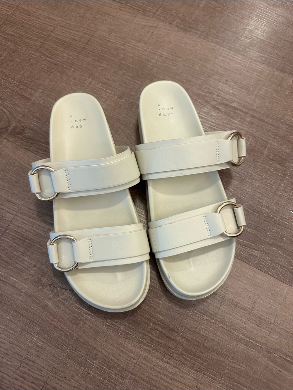 a.new.day Off-White Slide Sandals with Gold Buckle Straps